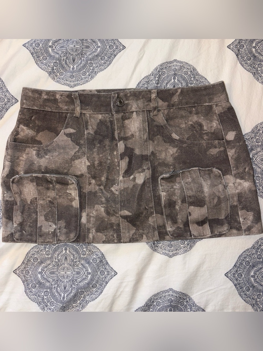 Edikted Brown Camo Cargo Denim Mini Skirt